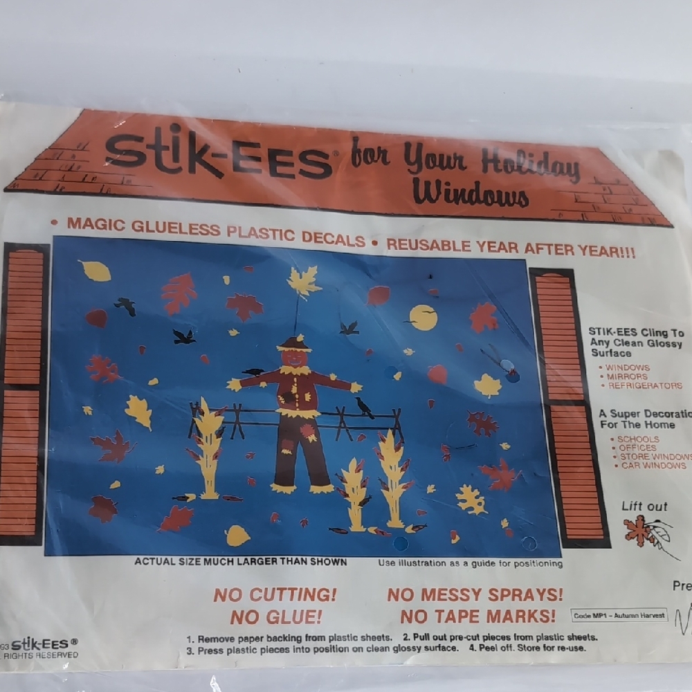 Vtg Stik-EES Autumn Harvest FALL Vinyl Window Decals Clings 1993 NIP